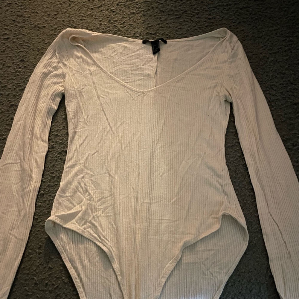 forever 21 cream bodysuit long sleeve ribbed size medium